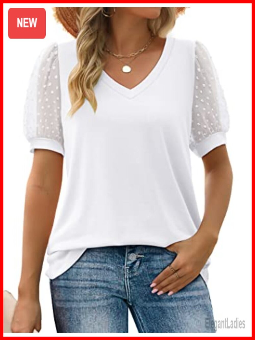 V Neck Puff Sleeve Swiss Dot Loose Casual T Shirt Short Sleeve Summer Top Tee